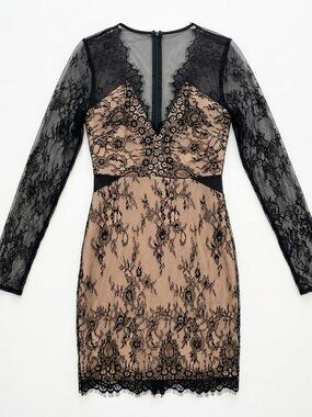 Lush Small Black Lace Long Sleeve Bodycon Mini Dress Floral Illusion Detail